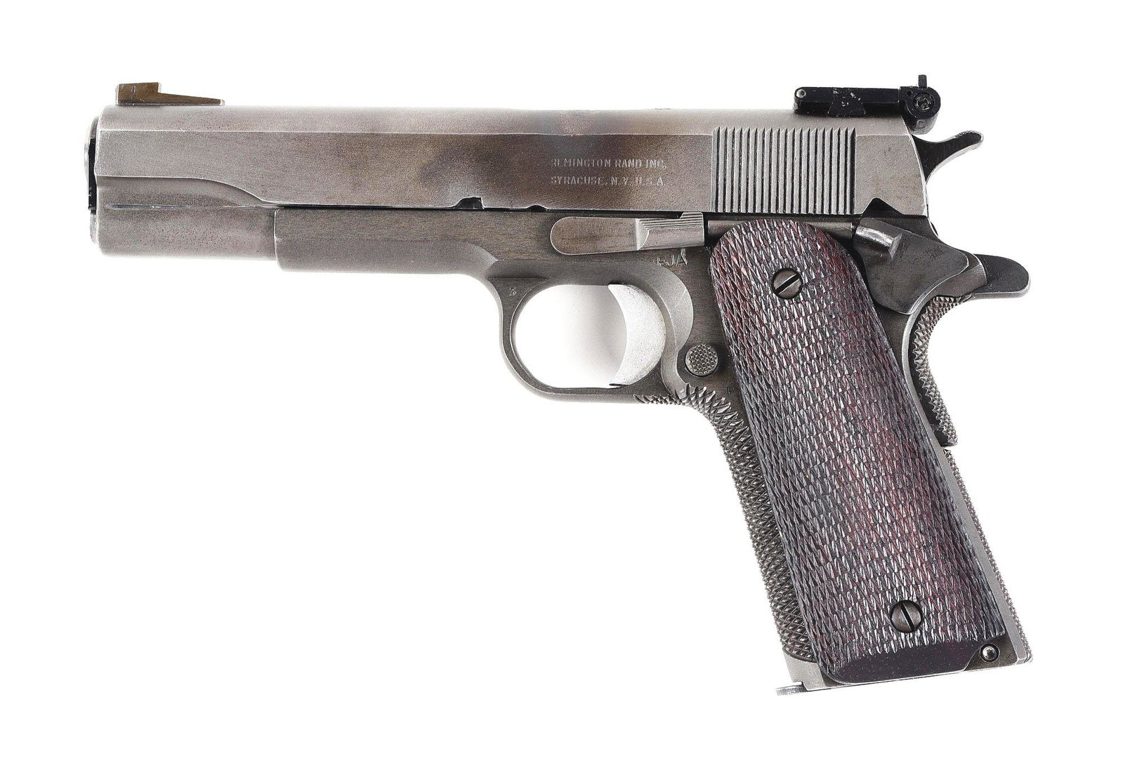(C) REMINGTON RAND 1911A1 IN THE STYLE OF NATIONAL MATCH GUN (1944).: Manufactured 1944. Serrated undercut front sight, Elliason rear sight. "600" stamped behind ejection port, "P" ahead of front sight. Barrel with "45 AUTO / NM 7790313". Normal legends for Remington Ra