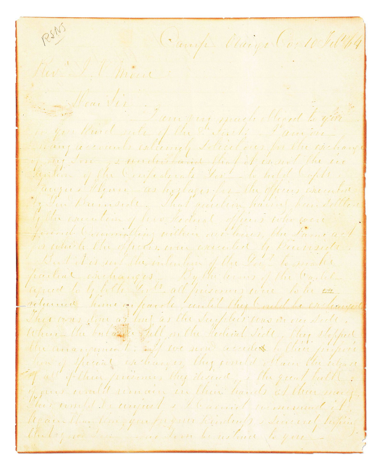 ROBERT E. LEE SIGNED LETTER REGARDING THE TREATMENT OF CONFEDERATE PRISONERS.: An interesting letter signed by the overall commander of the Confederate States Army, General Robert E. Lee. The letter is dated February 10th, 1864, and is quite intriguing, with content regarding th