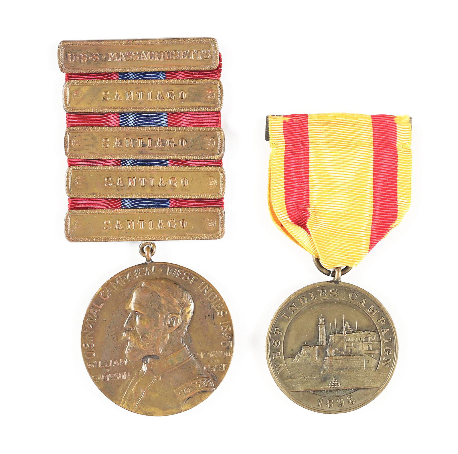 US SPANISH AMERICAN WAR USS MASSACHUSETTS SAMPSON MEDAL AND WEST INDIES CAMPAIGN MEDAL.: A nice set of medals, including a Sampson Medal and West Indies Campaign Medal. The act of March 3rd, 1901, authorized the striking of bronze medals commemorating the naval engagements in the waters o