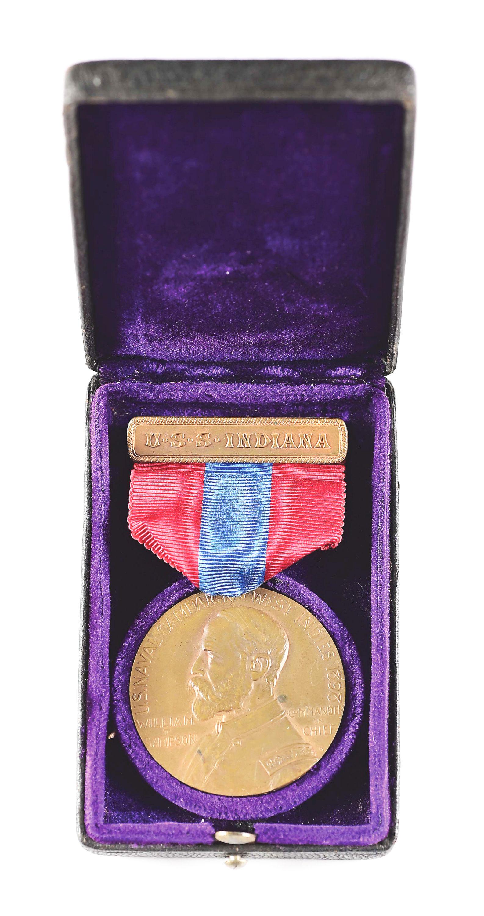 US SPANISH AMERICAN WAR USS INDIANA SAMPSON MEDAL WITH ORIGINAL CASE.: An excellent example of a Spanish American War Sampson Medal with its original case. The act of March 3rd, 1901, authorized the striking of bronze medals commemorating the naval engagements in the wat
