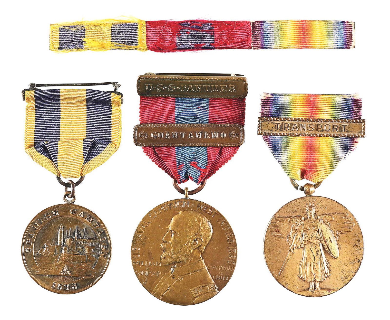 US SPANISH AMERICAN WAR-WWI USS PANTHER MEDAL GROUP.: A nice group of medals including a Sampson Medal, Spanish Campaign Medal, and World War I Victory Medal with matching ribbon bard. The act of March 3, 1901, authorized the striking of bronze medals co