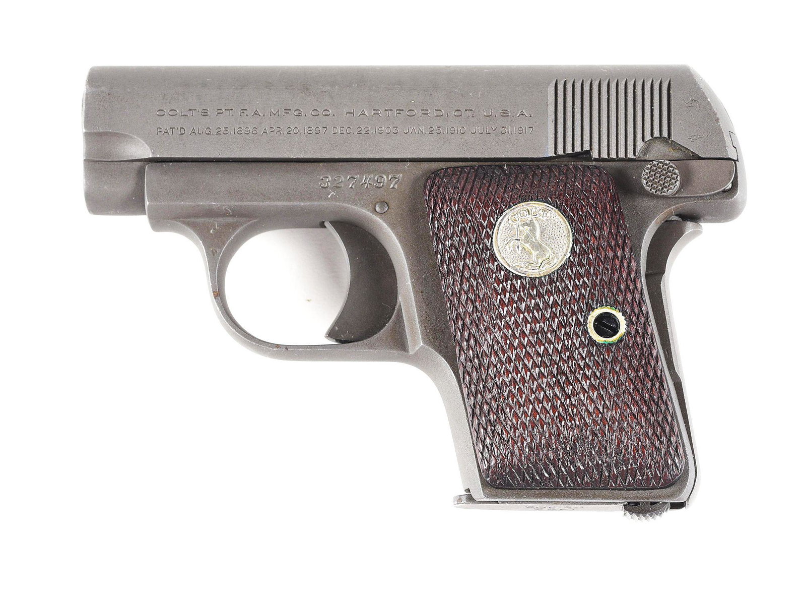 (C) COLT 1908 VEST POCKET .25 ACP SEMI-AUTOMATIC PISTOL, PARKERIZED, WITH U.S. PROPERTY MARKING.: Standard configuration of the Model N Colt pistol with normal marks throughout. "U.S. Property" marking on right side of dust cover, however no known 1908 Vest Pockets were shipped to military locatio