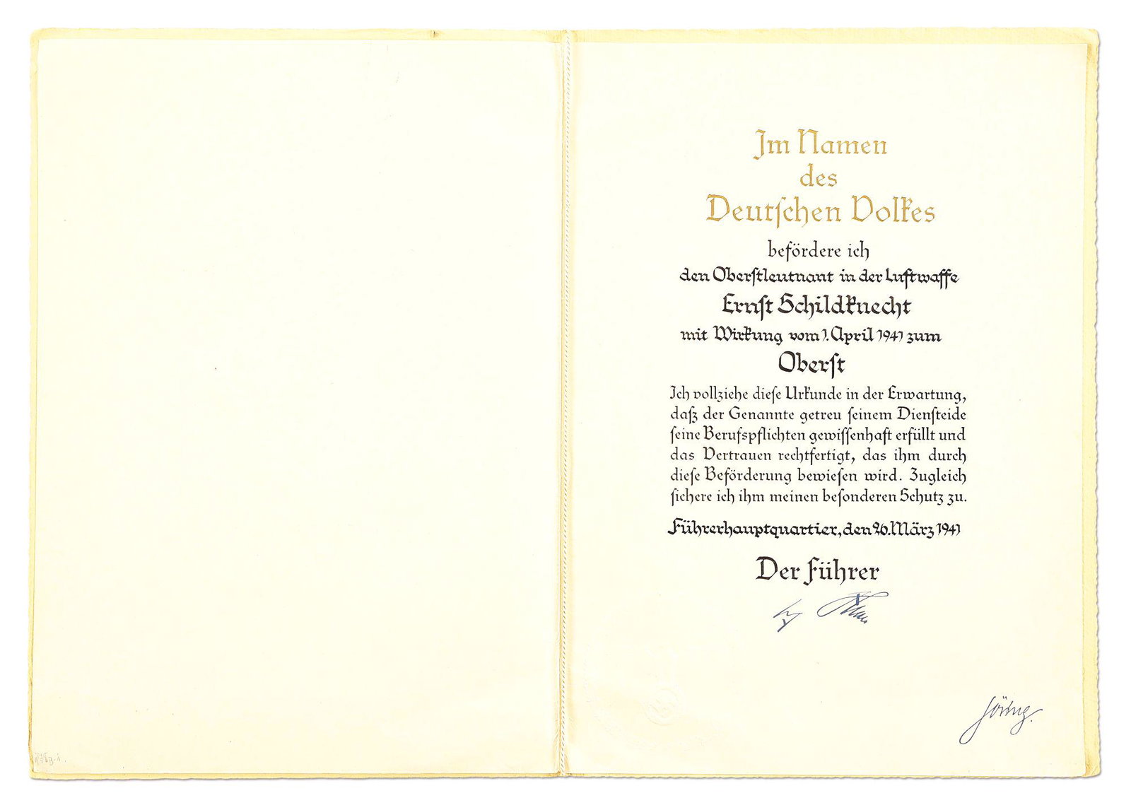 GERMAN WWII LUFTWAFFE OFFICER PROMOTION DOCUMENT.: German World War II Luftwaffe document promoting "Oberstleutnant Ernst Schildknecht" to "Oberst" (Colonel) effective April 1, 1941. Document has a facsimile Hitler signature and is dated March 26, 194