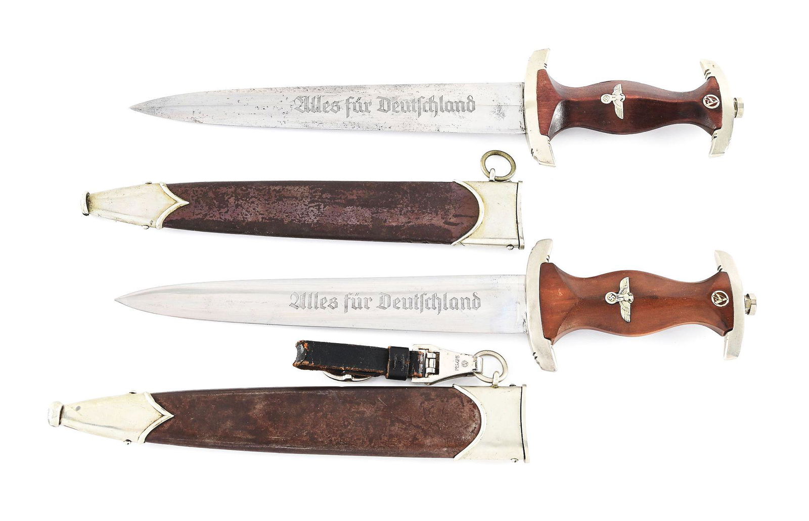 LOT OF 2: THIRD REICH SA DAGGERS, 1 GROUND ROHM BY F.DICK.: Lot consists of: (A) Third Reich SA dagger marked "F.DICK" arrow in a rectangular square, nickel-plated steel blade with runner and scattered marks, light freckling, and visible cross graining. The ac