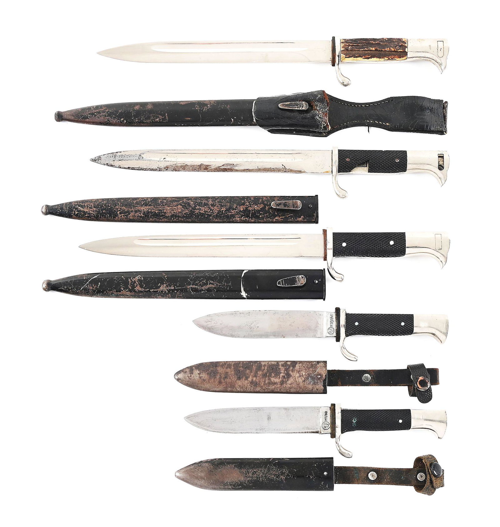 LOT OF 5: 3 THIRD REICH DRESS BAYONETS AND 2 HITLER YOUTH KNIVES.: Lot consists of: (A) Third Reich dress bayonet with Original Eickhorn Solingen marked ricasso and stag grips. Complete with black painted scabbard and leather frog. Bright blade with intact grips, sca