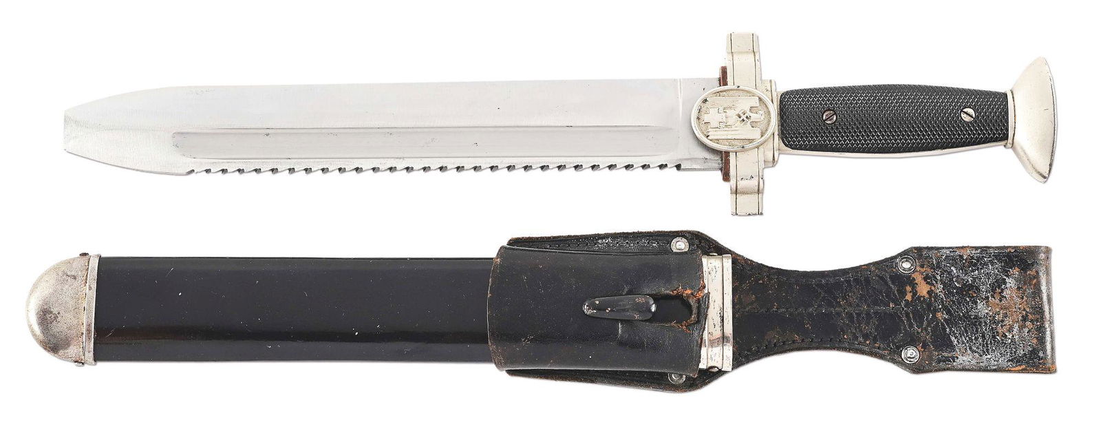 GERMAN WWII RED CROSS SUBORDINATE HEWER.: German World War II Red Cross Hewer with unmarked blade. The blade exhibits very nice factory cross graining throughout its length. The blade remains bright with the exception of a few areas of light