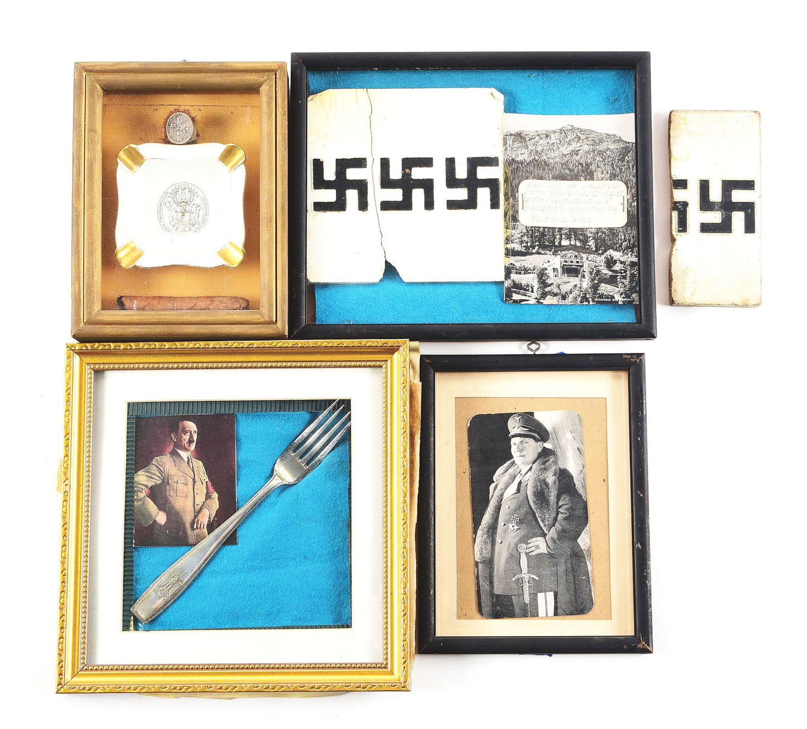 LOT OF BERGHOF AND HERMAN GOERING ARTIFACTS.: Lot consists of: (A) Piece of tile that was salvaged from the Berghof. Spiderwebbing to white background with obvious wear. CONDITION: Good. (B) Second piece of tile that is framed and annotated "This
