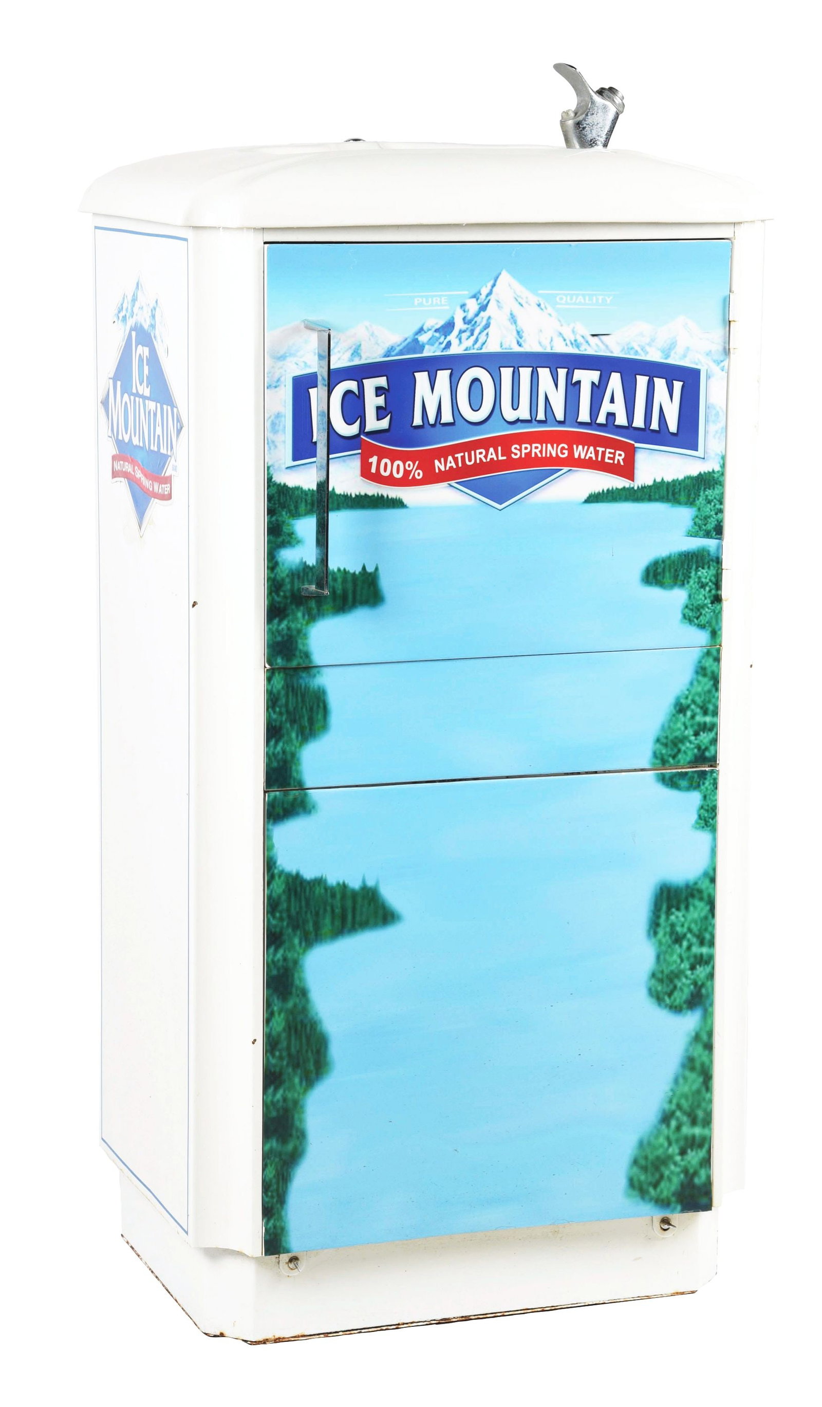 FULLY RESTORED DRINKING FOUNTAIN WITH A ICE MOUNTAIN SPRING WATER MOTIF.: This is a restored drinking fountain, with porcelain top and metal faucet, that has been fully restored in an Ice Mountain Natural Spring Water motif. A great conversation piece, could be hooked up an