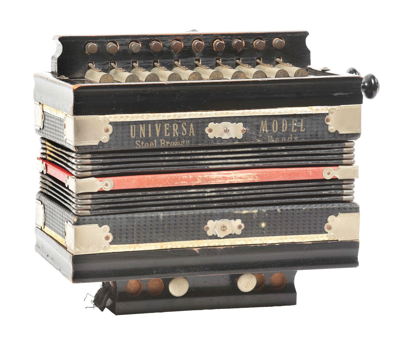 UNIVERSA MODEL STREET ACCORDIAN.: 1930, ITALIAN: Small size Italian street accordion, steel reads, mixed metal overly, and showing some age and patina. CONSIDERATIONS: Showing wear and use, no rips or tears to the bellows, missing a c