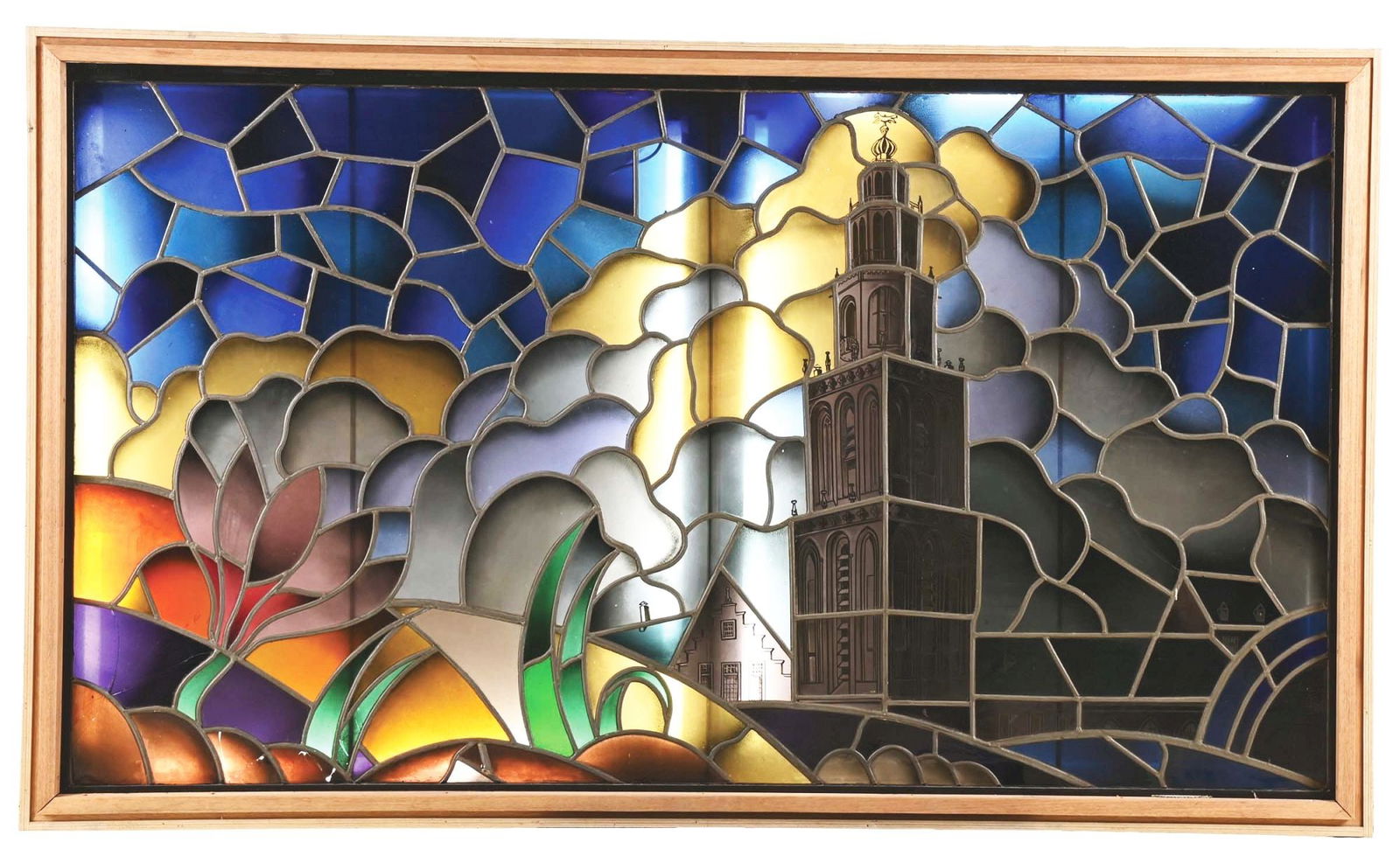 LARGE STAINED GLASS WINDOW IN LIGHTBOX. (1 of 3)
