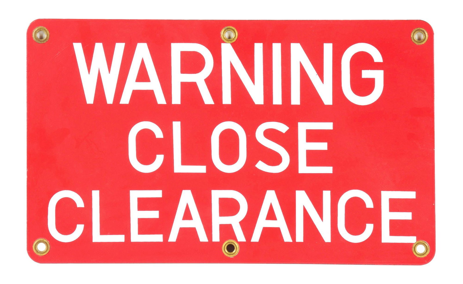 WARNING CLOSE CLEARANCE SIGN.: SSP. C. 1960's "Warning Close Clearance" porcelain sign. CONDITION: This sign has outstanding color and gloss throughout the field. There are a couple minor areas of staining in the white lettering, b