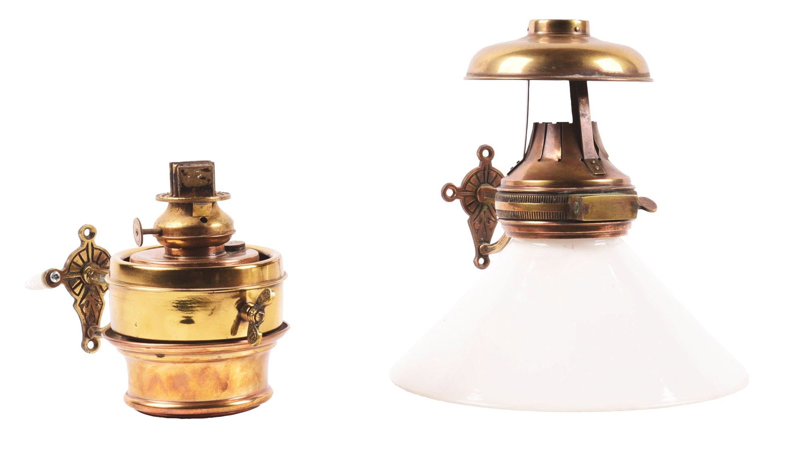 WALL LAMP.: An early brass two-section wall lamp made by the Adams & Westlake Co. and hallmarked under the fount. The top section has a brass chimney assembly attached to a milk glass, cone shaped shade with an o