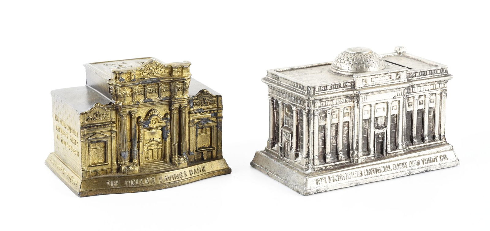LOT OF 2: POT METAL BUILDING BANKS. (1 of 2)
