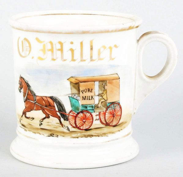 Horse-Drawn Milk Wagon Shaving Mug.: Gilt name "D. Miller". Nice image of a horse-drawn milk cart marked "Pure Milk" on side. Condition (Excellent Plus). Size 3 - 3/4" T.