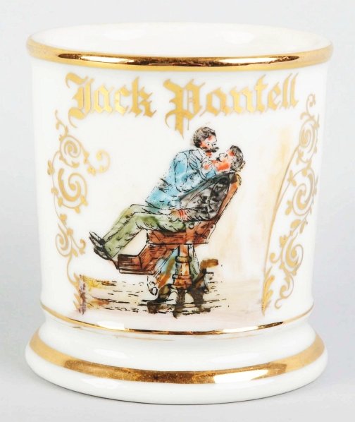 Dentist Shaving Mug.: Gilt name "Jack Pantell". Nice image of dentist working on patient. Stamped "Germany" under base. Condition (Excellent). Size 3 - 3/4" T.