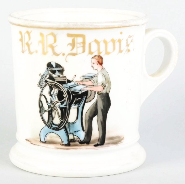 Machinist Shaving Mug.: Gilt name "R.R. Davis". Image of man operating what appears to be a printing press. Condition (Excellent). Size 3 - 3/4" T.