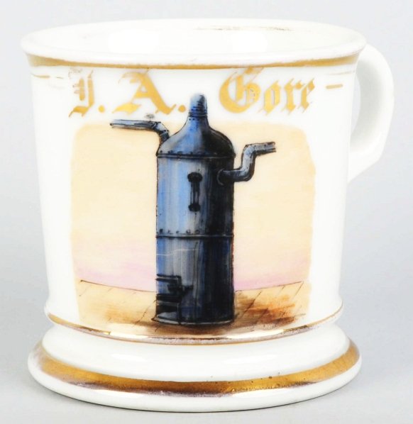 Steam Pump Shaving Mug.: Gilt name "J.A. Gore". Nice image of a piece of steam machinery. Stamped "T&V Vienna" under base. Condition (Excellent). Size 3 - 1/2" T.