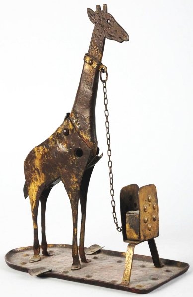 Metal Giraffe Cigar Cutter & Match Holder.: Giraffe's head cuts cigar papers. Condition (Excellent). Size 11 - 1/4" T.
