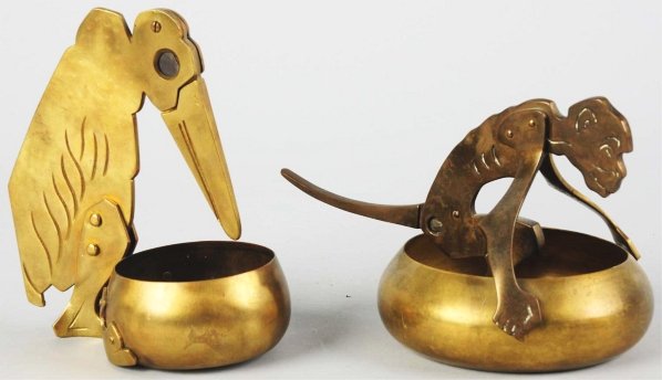 Lot of 2: Brass Figural Cigar Cutters & Ashtrays.: Includes one monkey with tail for cutter and one bird with beak for cutter. Condition (Excellent). Size Largest: 6" T.