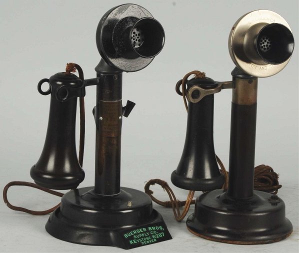 Lot of 2: Manual Candlestick Telephones.: Circa 1910, first is Couch, marked faceplate, marked receiver (cracked), mouthpiece chipped. Second is Couch, unmarked faceplate, Kellogg receiver, Buerger Bros. base attachment, Strafford Savings Ban
