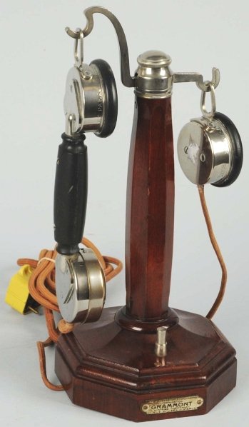 Grammont French Stick Telephone.: Circa 1920, wood with nickeled brass hooks, no base plate, Grammont tag and 36324 on base, marked receiver and mother-in-law receiver. Condition (Excellent). Size 13" T.