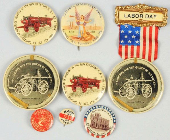 Lot of 8: Mostly Fire Related Button Pins.: Includes two Liberty #5 pins, two New Keystone pins, one Reading Brewing Company, and others. Condition (Excellent). Size Largest: 2 - 1/4" Dia.
