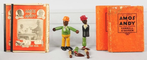 Lot of Black Americana Books & Wooden Figures.: Includes wooden Amos and Andy figures and Amos and Andy books. Condition (Excellent).