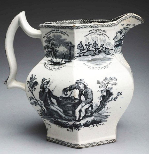 Extremely Rare Black Transferware Pitcher.: 19th century; designed in 1884 for the Earthenware Company. No imperfections or repairs. Condition (Excellent). Size 8" T.