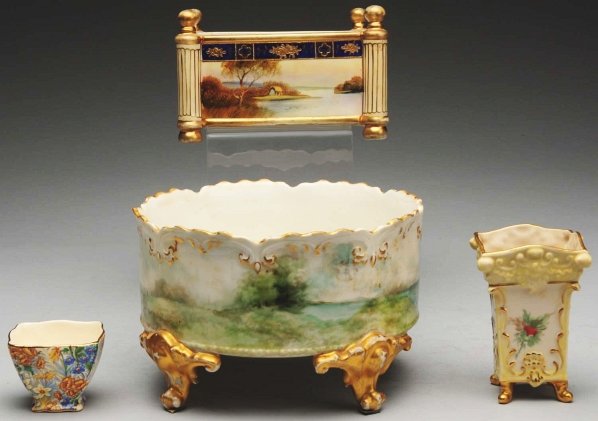 Lot of 4: Hand-Painted China Pieces.: Includes one French bowl with four legs, one Nippon serving bowl, one Royal Crown vase, and one small German vase. Condition (Excellent). Size Largest: 8 - 3/4" Dia.