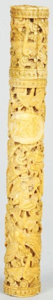 Carved Ivory Needle Case.: Nice detail. Split in lid. Condition (Very Good). Size 6" T.