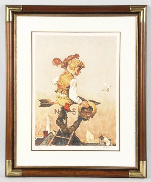 Under Sail Norman Rockwell Print.: Number 190/200. Matted and framed under glass. Shows a young man on roof top holding on to rooster weathervane, looking at boats on the water. Condition (Excellent). Size Framed: 31" x 25 - 1/2".