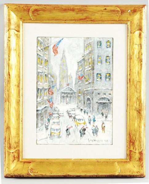 Wiggins NY Snow Scene 14" x 10" Oil on Canvas.: Guy Carleton Wiggins oil on canvas over board titled "Broad St Winter". Signed LR "Guy Wiggins N.A.". A fabulous depiction of Broad Street, New York featuring multiple American flags and pedestrians i