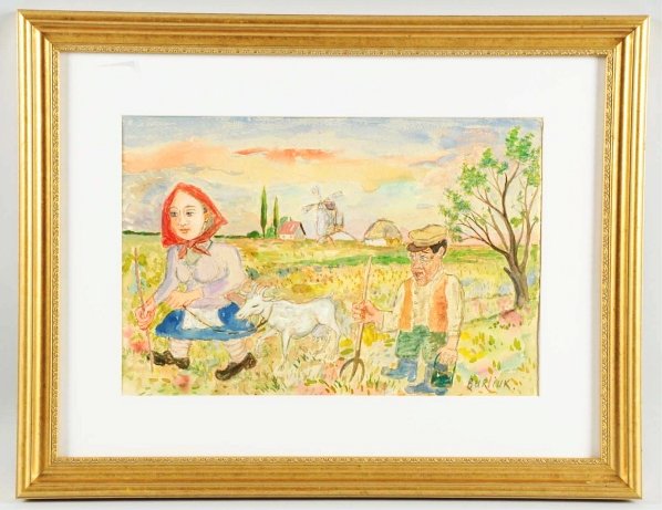 David Burliuk Pastoral Farm Scene Painting.: Oil on board, signed LR "BURLIUK". David Davidovich Burliuk Russian/ American (1882-1967). As both an artist and a poet born in a Ukrainian family of painters and illustrators. He studied in Russia at