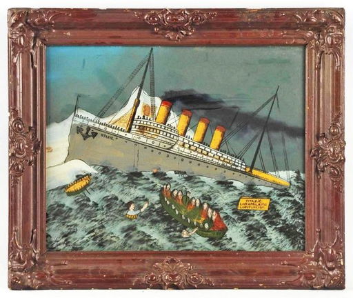 932 Reverse Painting On Glass Of The Titanic Sinking