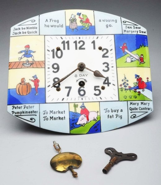 Enamel Mother Goose Clock.: German. Retains original pendulum and key. Condition (Excellent). Size 9" x 9 - 1/2".