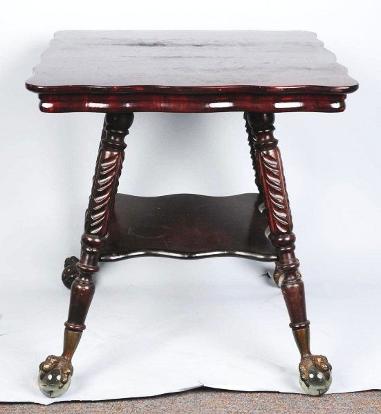 Mahogany Square Scalloped Table.: With brass feet and large glass balls. Sturdy table. Condition (Excellent). Size 29" x 27 - 3/4" x 28 - 1/4".