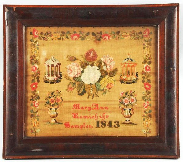 Needlepoint Sampler Dated 1843.: By Mary Ann Romich. Framed under glass. Floral and gazebo decor. Minor losses. Condition (Excellent). Size Framed: 31" x 27".