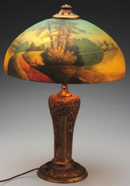Reverse Painted Lamp.: Unsigned. Trees and outdoor scene. Possibly Pittsburgh Lamp Company. Metal art deco design base with two replaced sockets. Re-wired. No damage, paint loss, or repairs. Condition (Excellent). Size 26" 