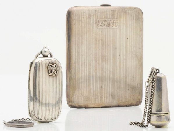 Lot of 3: Sterling Silver Items.: Includes a thimble holder, change holder, and cigarette case. Total weight: 4.3 troy ounces. Condition (Excellent). Size Largest: 3 - 3/4" x 3".