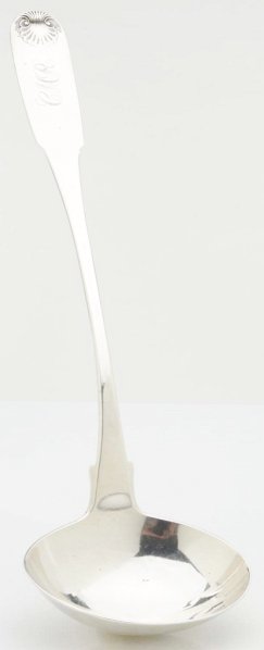 An American Silver Soup Ladle.: Probably Fletcher & Gardiner, Philadelphia ca. 1825 Fiddle shell pattern, with a large oval bowl. Handle with later script initials. Length: 14-1/2 in; weight: 7.8 oz. *** Handle still thick even thou