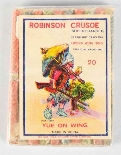 Robinson Crusoe 20-Pack Firecrackers.: Class 1. Manufactured by Kwong Wing Sing. Sole Agent Yue on wing. Condition (Near Mint). Size 3 - 1/2" x 2 - 1/2".