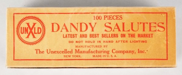 Dandy Salutes 100-Pack Firecrackers.: Class 1. Manufactured by Unexcelled Mfg. Company in New York. Condition (Near Mint). Size 12 - 1/8" x 4 - 3/8". ADDITIONAL INFO: Full box.