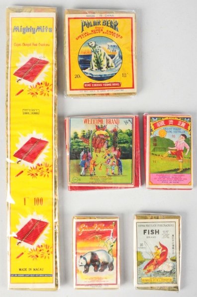 Lot of 6: Firecracker Packs.: Includes Mighty Mite 100-pack, Polar Bear 20-pack logo crackers, Welcome 24-pack, Young Footballer 16-pack, Fish 16-pack, and Giant Panda 16-pack. Condition (Excellent). Size Largest: 12 - 1/8" x 2 - 