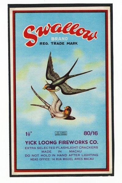 Lo of 6: Firecracker Labels.: Includes Swallow, Jet Bomber, Red Devil Mighty Mite, Anchor, and Dixie Boy. Condition (Excellent). Size Largest: 9 - 7/8" x 6".