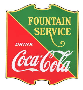 COCA-COLA "FOUNTAIN SERVICE" DOUBLE SIDED PORCELAIN SIGN.: AGS CERTIFIED #10054. DSP. Sign is Maker marked, "Tenn. Enamel Mfg." A great example of this double sided porcelain sign from the 1930's featuring art deco lettering encouraging customers to enjoy "Fo