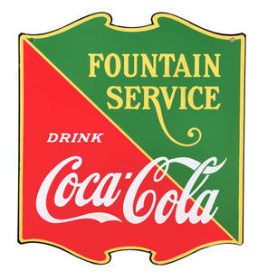 COCA-COLA "FOUNTAIN SERVICE" DOUBLE SIDED PORCELAIN SIGN.: AGS CERTIFIED #10054. DSP. Sign is Maker marked, "Tenn. Enamel Mfg." A great example of this double sided porcelain sign from the 1930's featuring art deco lettering encouraging customers to enjoy