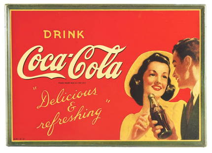 DRINK COCA-COLA "DELICIOUS & REFRESHING" TIN SIGN W// SELF FRAMED OUTER EDGE.: AGS CERTIFIED #10062. SST. Sign is Maker Marked A.M. A well displaying example of this Tin Sign from Coca Cola showing man & woman graphics with excellent Coca Cola script. CONDITION: Sign is New Old