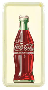 COCA COLA SODA POP GRAPHIC BOTTLE TIN SIGN W/ SELF FRAMED OUTER EDGE.: AGS CERTIFIED #10065. SST. Sign is Maker Marked Robertson and Dated 1952. A well-displaying example of this tin sign from Coca-Cola, featuring a detailed bottle graphic and a large self-framed