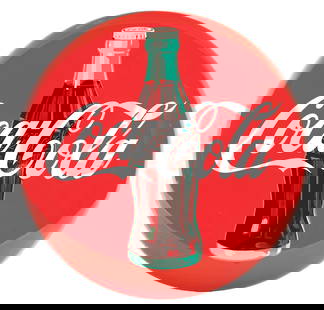 COCA-COLA TIN BUTTON SIGN W/ SCRIPT & BOTTLE GRAPHIC.: AGS CERTIFIED #10067. SST. Sign is Maker Marked A.M. An excellent displaying example of this iconic Tin Button Sign from Coca Cola showing script with detailed Bottle graphic. CONDITION: Sign is overa