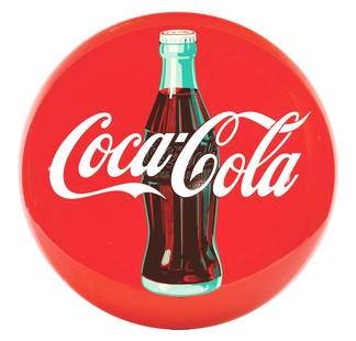 COCA-COLA TIN BUTTON SIGN W/ SCRIPT & BOTTLE GRAPHIC.: AGS CERTIFIED #10067. SST. Sign is Maker Marked A.M. An excellent displaying example of this iconic Tin Button Sign from Coca Cola showing script with detailed Bottle graphic. CONDITION: Sign is